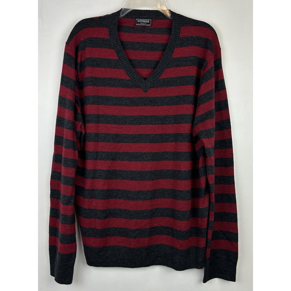 Express Sweater Mens XL Red Gray Stripe Modern Fit Extra Fine Merino Wool V Neck